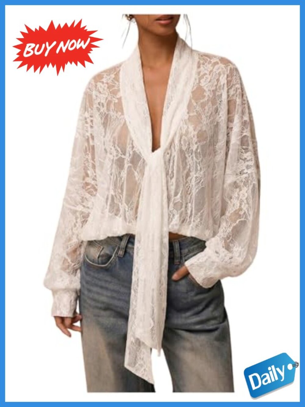 Lace Long Sleeve Sheer Mesh Tie Front Blouse